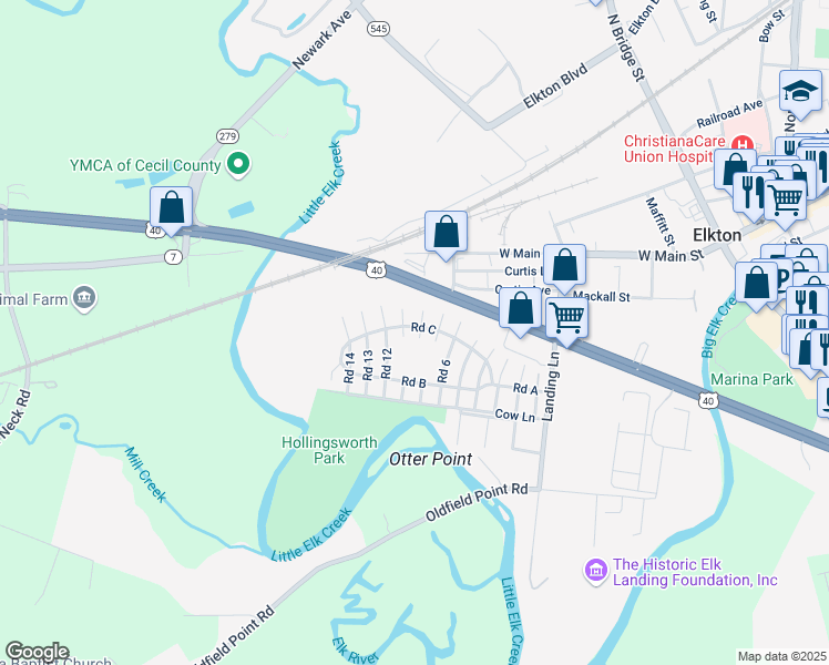map of restaurants, bars, coffee shops, grocery stores, and more near 211 Hollingsworth Manor in Elkton