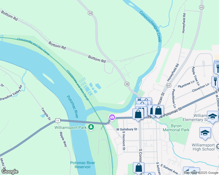 map of restaurants, bars, coffee shops, grocery stores, and more near 15707 Fenton Avenue in Williamsport