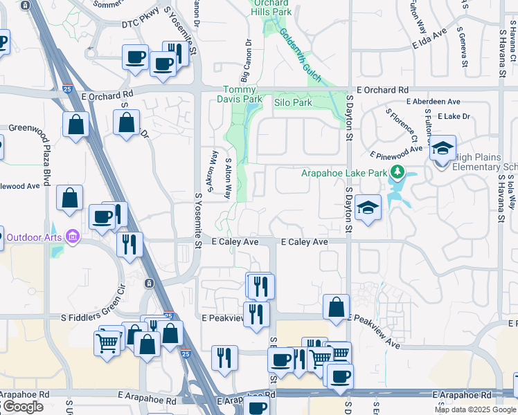 map of restaurants, bars, coffee shops, grocery stores, and more near 6131 South Boston Circle in Englewood
