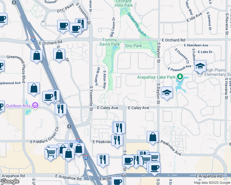 map of restaurants, bars, coffee shops, grocery stores, and more near 6131 South Boston Circle in Englewood