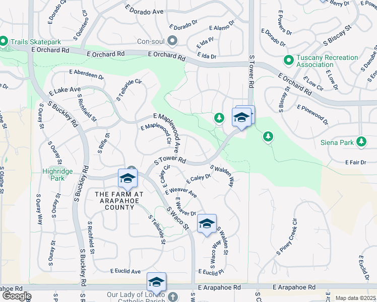 map of restaurants, bars, coffee shops, grocery stores, and more near 6144 South Ventura Court in Aurora