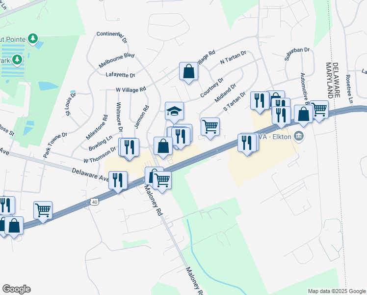 map of restaurants, bars, coffee shops, grocery stores, and more near 1001 East Pulaski Highway in Elkton