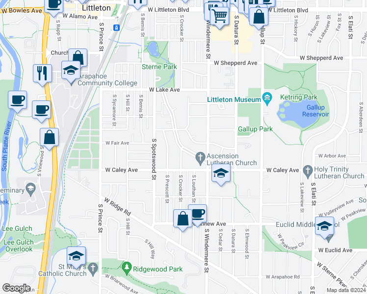 map of restaurants, bars, coffee shops, grocery stores, and more near 1699 West Sterne Parkway in Littleton