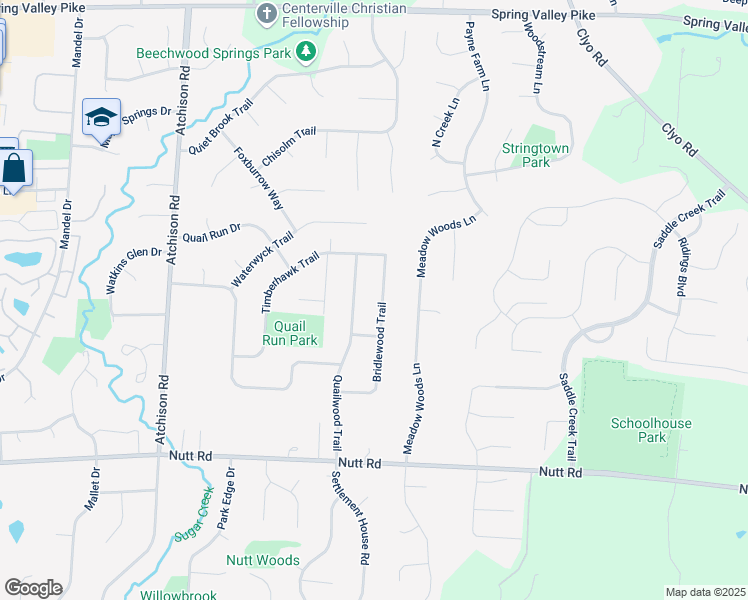 map of restaurants, bars, coffee shops, grocery stores, and more near 9524 Bridlewood Trail in Dayton