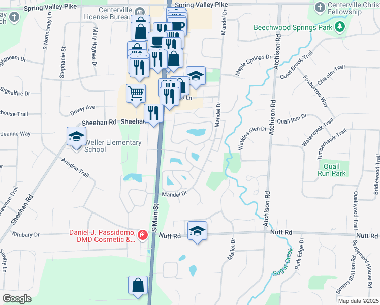 map of restaurants, bars, coffee shops, grocery stores, and more near 9601 Whalers Wharf in Dayton
