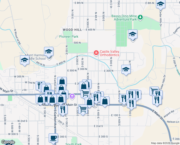 map of restaurants, bars, coffee shops, grocery stores, and more near 302 North 300 East in Price