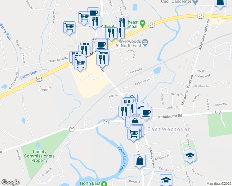 map of restaurants, bars, coffee shops, grocery stores, and more near 107 High Street in North East