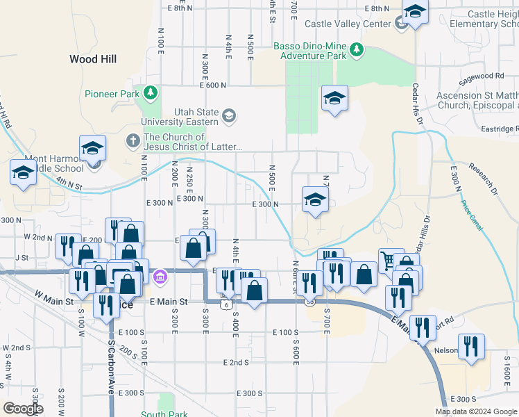 map of restaurants, bars, coffee shops, grocery stores, and more near 466 East 300 North in Price