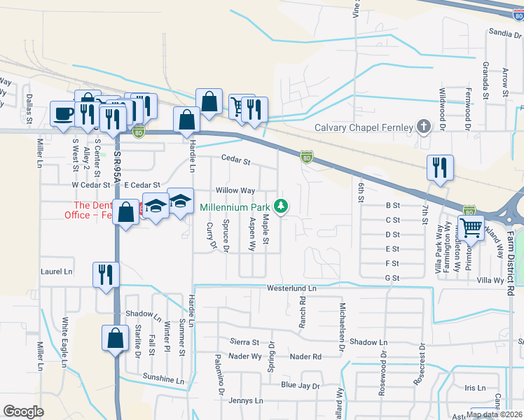 map of restaurants, bars, coffee shops, grocery stores, and more near 335 Aspen Way in Fernley