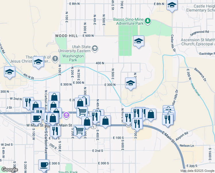 map of restaurants, bars, coffee shops, grocery stores, and more near 466 East 300 North in Price