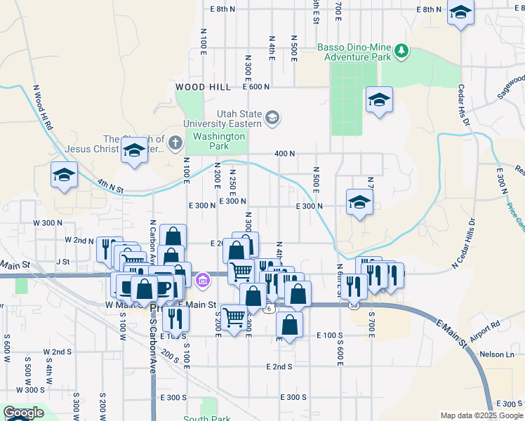 map of restaurants, bars, coffee shops, grocery stores, and more near 302 North 300 East in Price