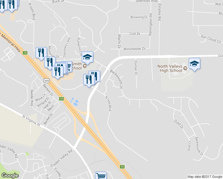 map of restaurants, bars, coffee shops, grocery stores, and more near 946-968 Golden West Road in Reno