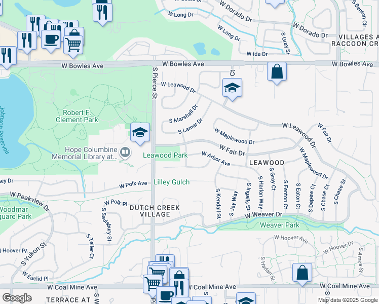 map of restaurants, bars, coffee shops, grocery stores, and more near 6468 West Fair Drive in Littleton