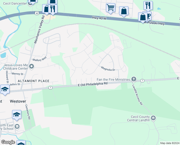 map of restaurants, bars, coffee shops, grocery stores, and more near 5 Spirea Court in Elkton