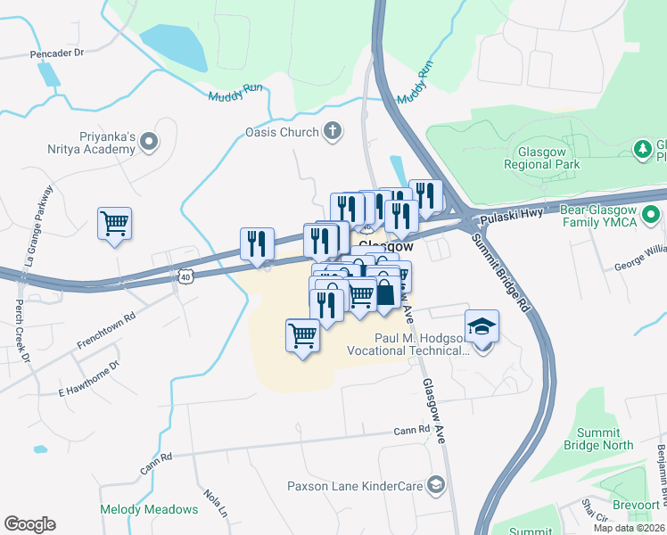 map of restaurants, bars, coffee shops, grocery stores, and more near 2484 Pulaski Highway in Newark