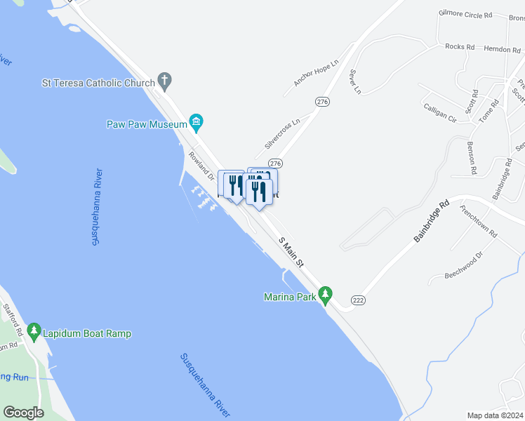 map of restaurants, bars, coffee shops, grocery stores, and more near 38 South Main Street in Port Deposit