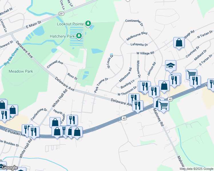 map of restaurants, bars, coffee shops, grocery stores, and more near 4 Saint Pats Circle in Elkton