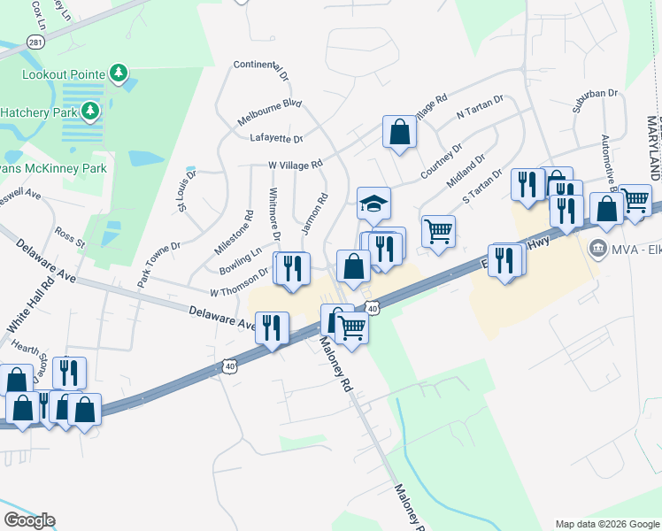 map of restaurants, bars, coffee shops, grocery stores, and more near 202 Melbourne Boulevard in Elkton
