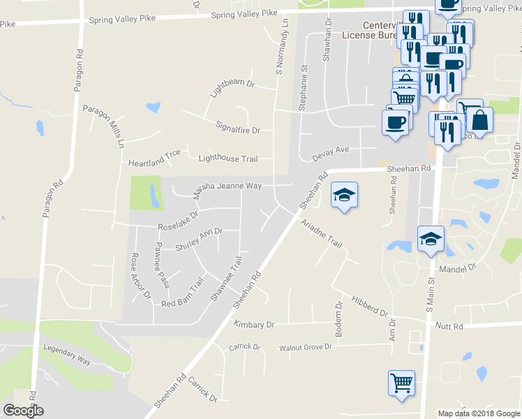 map of restaurants, bars, coffee shops, grocery stores, and more near 9500 Attwood Court in Centerville