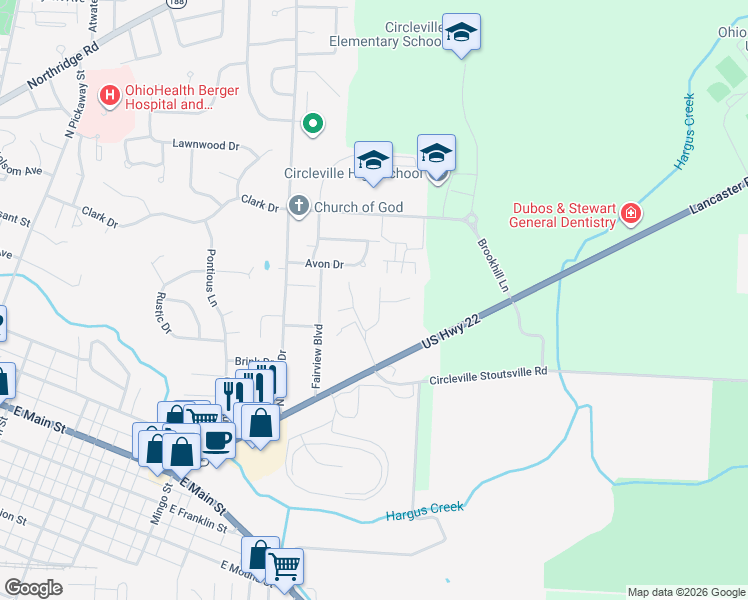 map of restaurants, bars, coffee shops, grocery stores, and more near 480 Lancaster Pike in Circleville