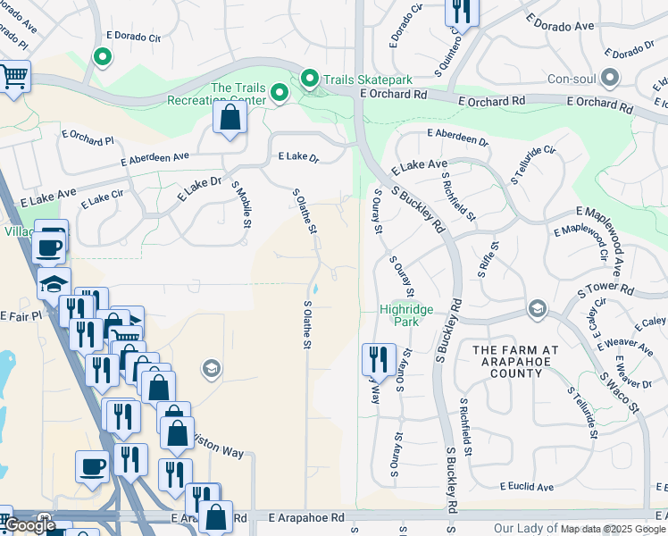 map of restaurants, bars, coffee shops, grocery stores, and more near 6160 South Olathe Street in Centennial