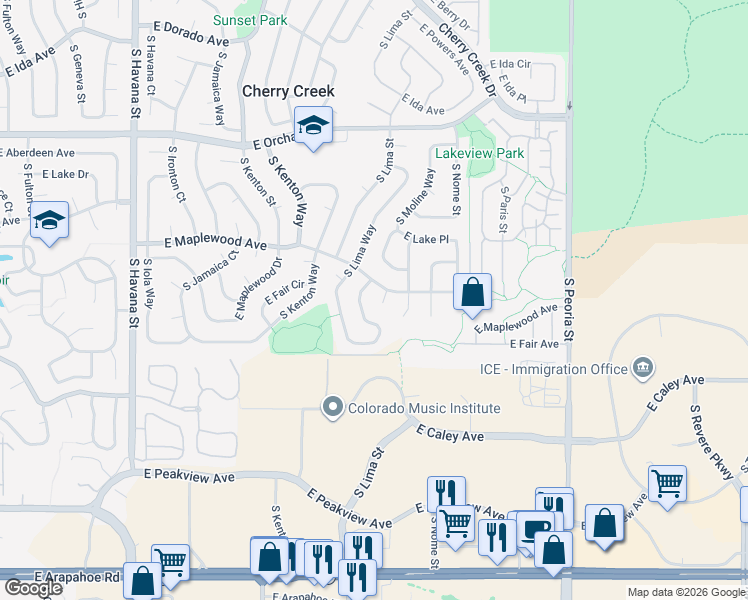 map of restaurants, bars, coffee shops, grocery stores, and more near 11401 East Maplewood Avenue in Englewood