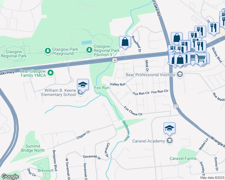 map of restaurants, bars, coffee shops, grocery stores, and more near 608 Valley Run in Bear