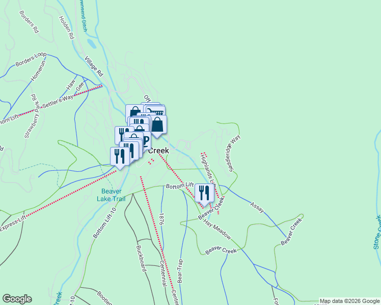 map of restaurants, bars, coffee shops, grocery stores, and more near 15 Highlands Lane in Beaver Creek