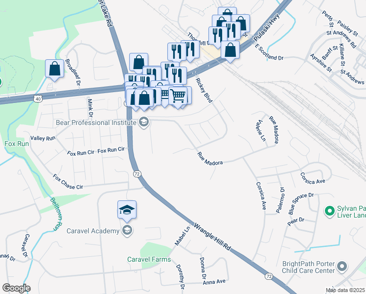 map of restaurants, bars, coffee shops, grocery stores, and more near 112 Wimbledon Court in Bear