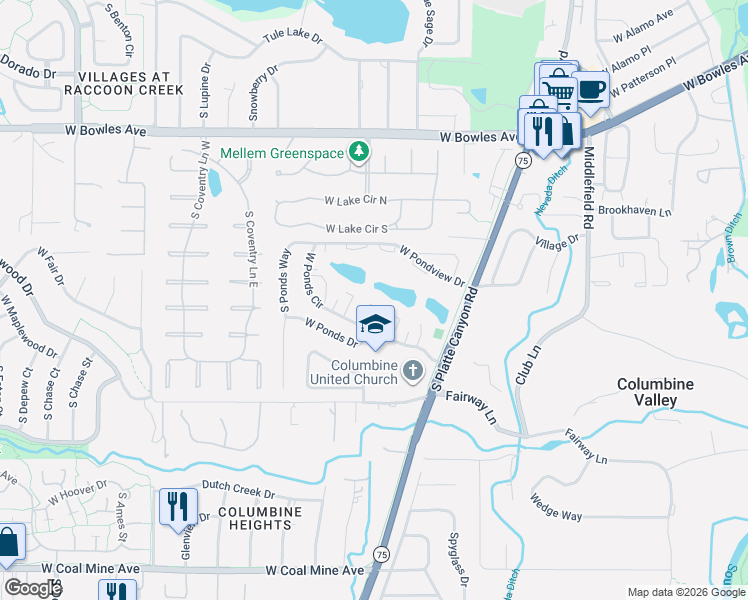 map of restaurants, bars, coffee shops, grocery stores, and more near 4455 West Ponds Circle in Littleton