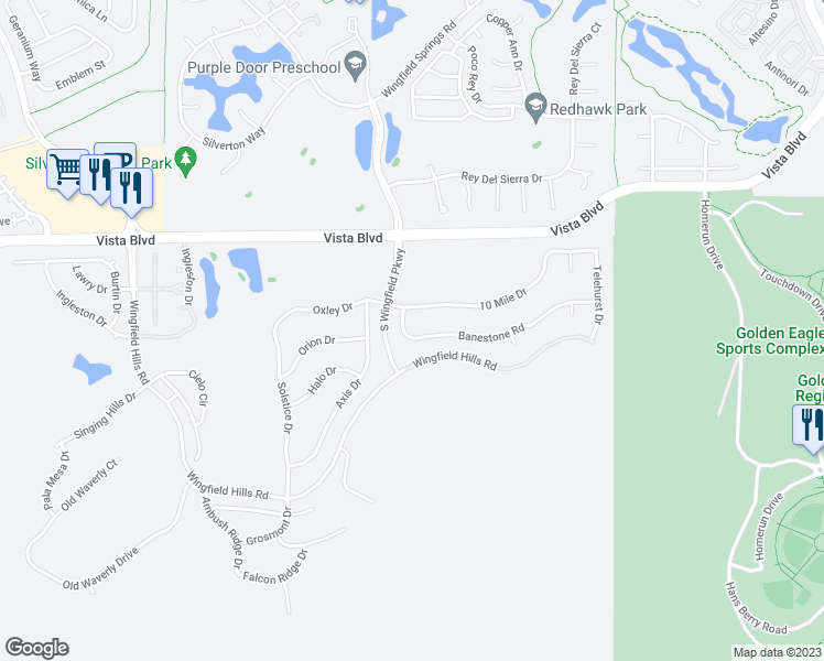 map of restaurants, bars, coffee shops, grocery stores, and more near 3040 Banestone Road in Sparks