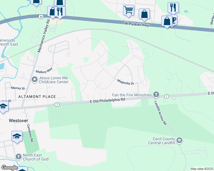 map of restaurants, bars, coffee shops, grocery stores, and more near 11 Viburnum Avenue in Elkton