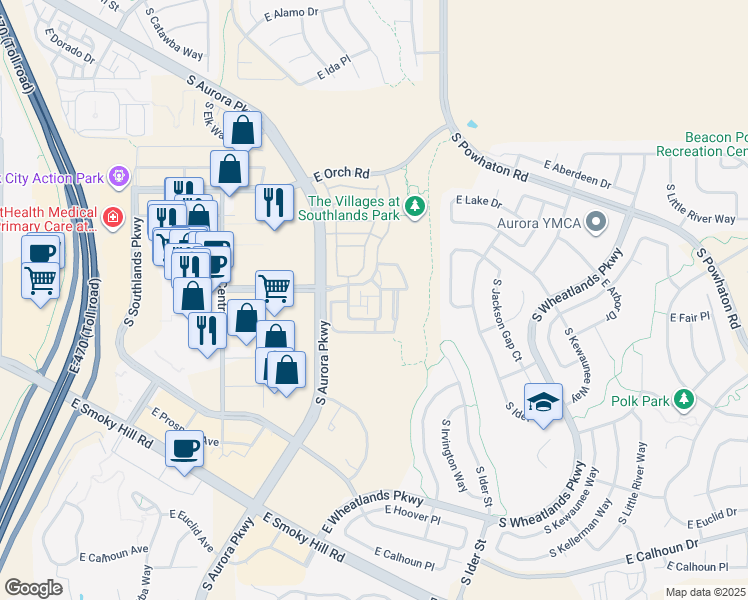 map of restaurants, bars, coffee shops, grocery stores, and more near 24720 East Applewood Circle in Aurora