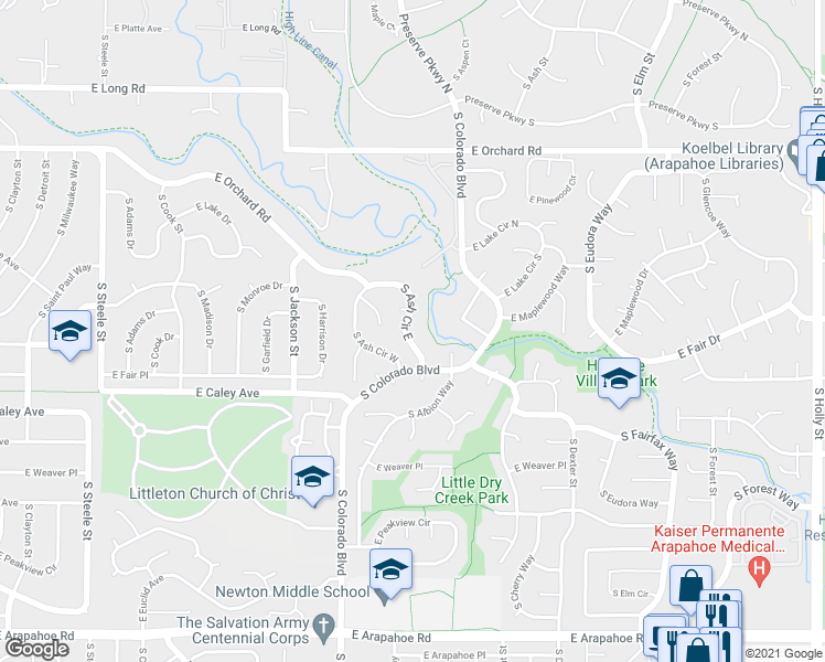 map of restaurants, bars, coffee shops, grocery stores, and more near 6226 South Ash Circle West in Centennial