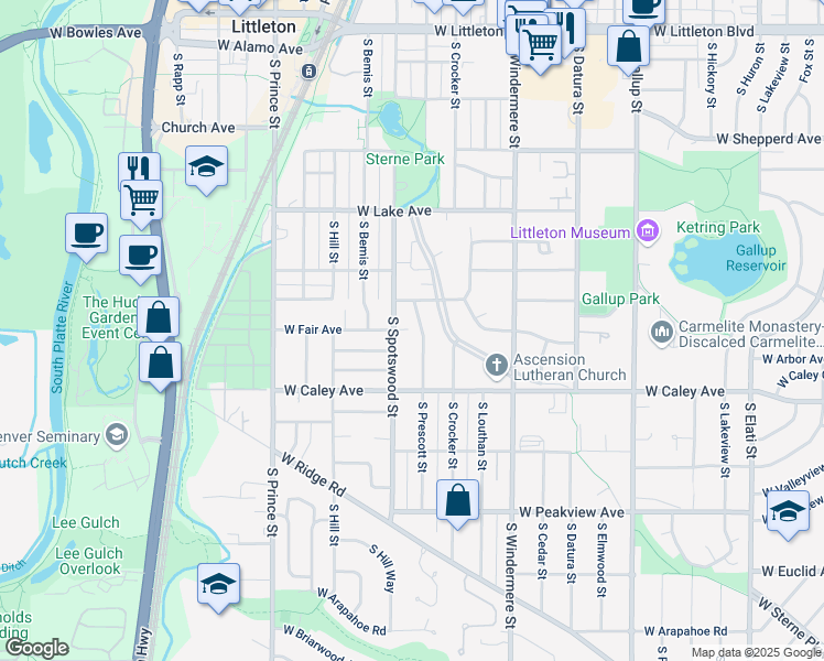 map of restaurants, bars, coffee shops, grocery stores, and more near 6190 South Prescott Street in Littleton