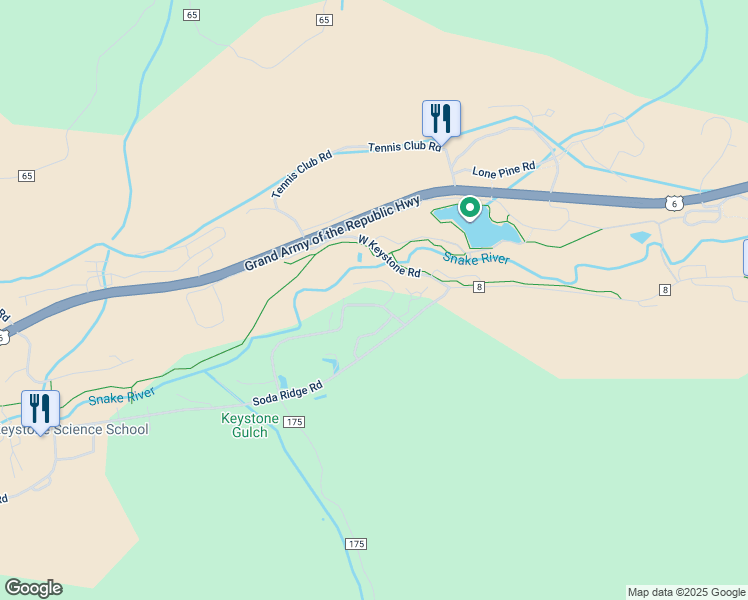 map of restaurants, bars, coffee shops, grocery stores, and more near 433 County Road 165 in Keystone