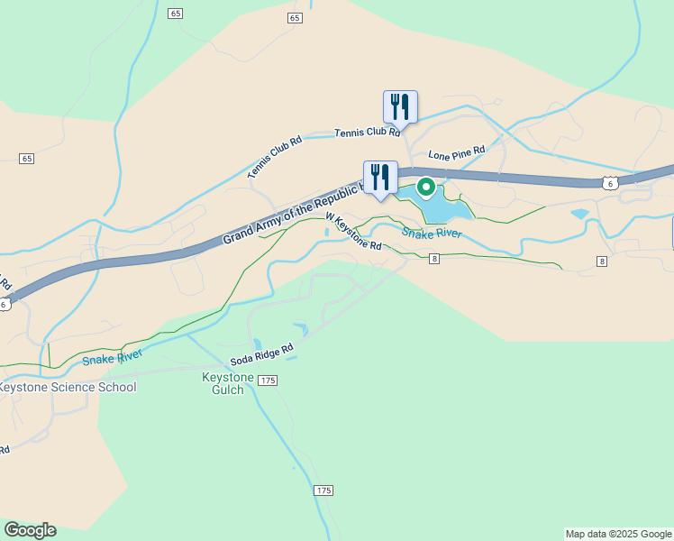 map of restaurants, bars, coffee shops, grocery stores, and more near 433 County Road 165 in Keystone