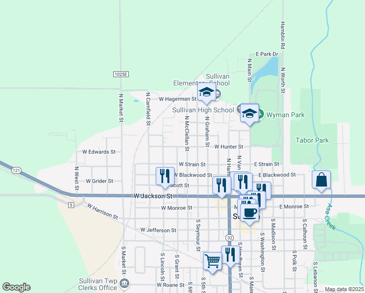 map of restaurants, bars, coffee shops, grocery stores, and more near 704-798 West Hunter Street in Sullivan