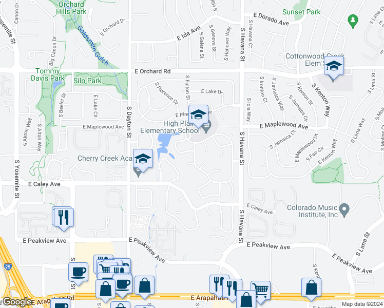 map of restaurants, bars, coffee shops, grocery stores, and more near 10186 East Fair Circle in Englewood