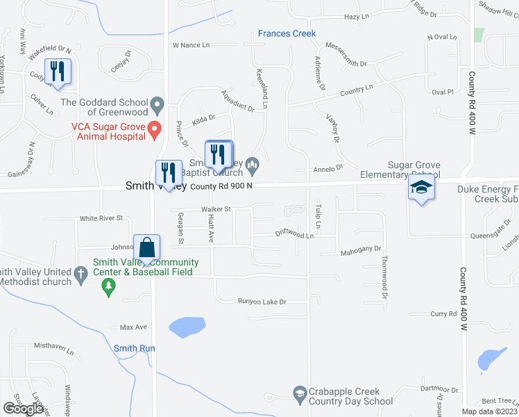 map of restaurants, bars, coffee shops, grocery stores, and more near 4663 Walker Street in Greenwood