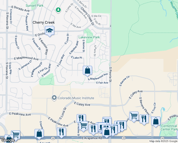 map of restaurants, bars, coffee shops, grocery stores, and more near 6095 South Oswego Street in Greenwood Village