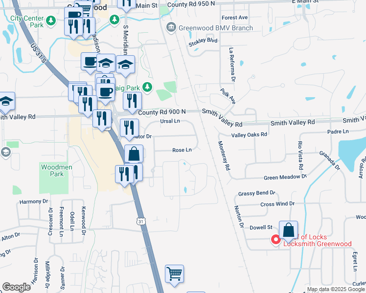 map of restaurants, bars, coffee shops, grocery stores, and more near 123 Mercator Drive in Greenwood