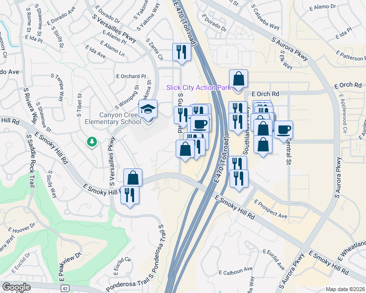 map of restaurants, bars, coffee shops, grocery stores, and more near 6201 South Gun Club Road in Aurora