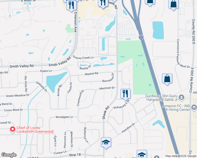 map of restaurants, bars, coffee shops, grocery stores, and more near 1119 Madrid Road in Greenwood