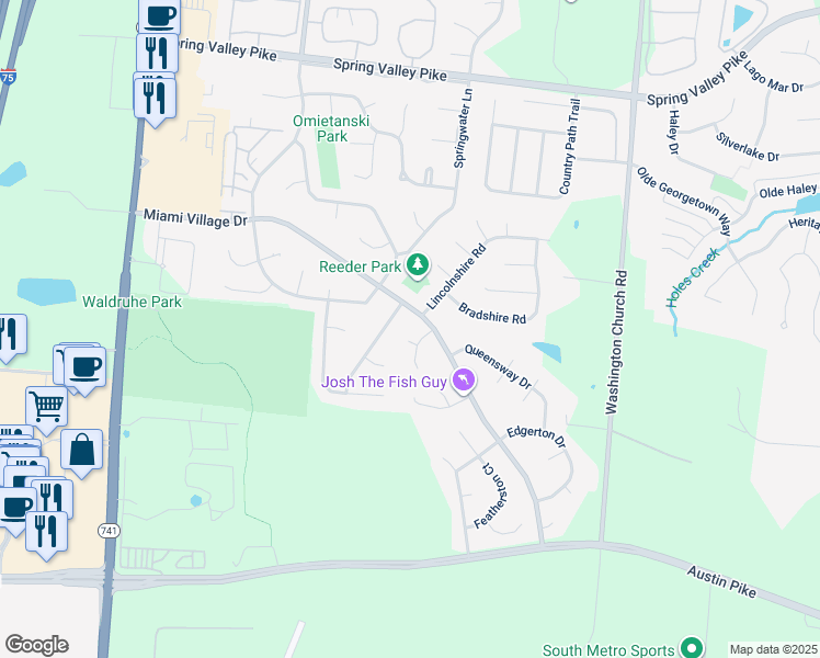 map of restaurants, bars, coffee shops, grocery stores, and more near 10030 Broken Woods Drive in Miamisburg