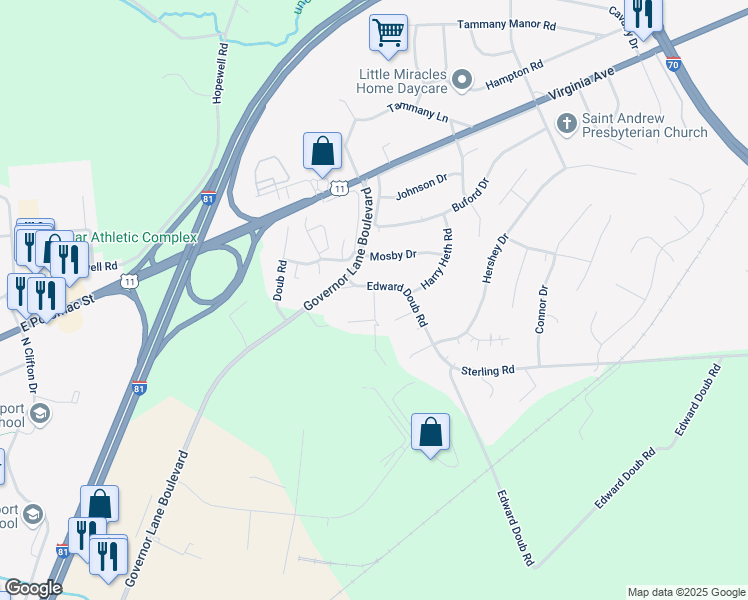map of restaurants, bars, coffee shops, grocery stores, and more near Will Rich Drive in Halfway