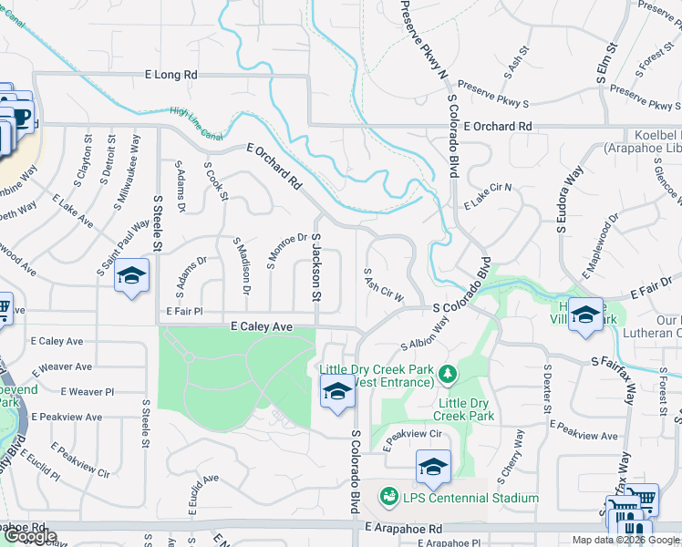 map of restaurants, bars, coffee shops, grocery stores, and more near South Harrison Drive in Centennial
