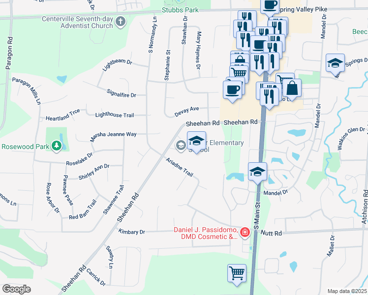 map of restaurants, bars, coffee shops, grocery stores, and more near 9600 Sheehan Road in Dayton