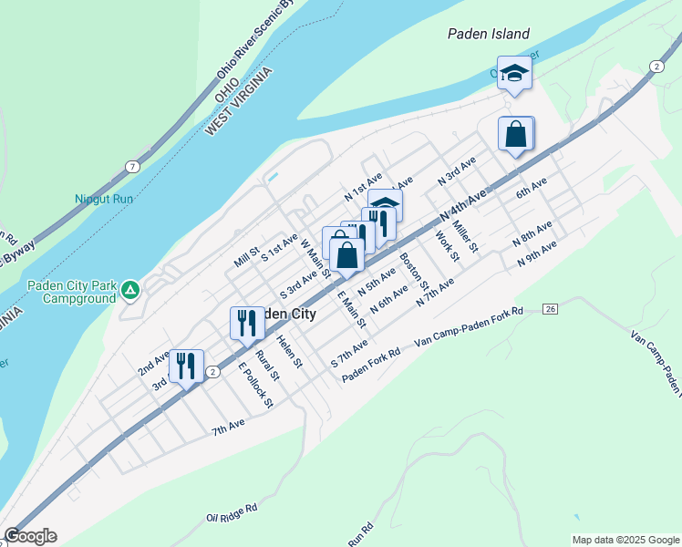 map of restaurants, bars, coffee shops, grocery stores, and more near 101 North 4th Avenue in Paden City