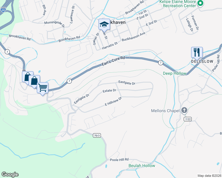 map of restaurants, bars, coffee shops, grocery stores, and more near 136 Eastgate Dr in Morgantown